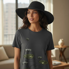 Load image into Gallery viewer, Melodia Gallery dark grey cotton t-shirt dress with an Art Nouveau lotus print, short sleeves, and crew neck.