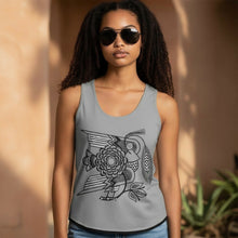 Load image into Gallery viewer, Melodia Gallery grey cotton-elastane blend tank top with vintage art nouveau bird and blossom graphic print. Form-fitting.
