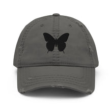 Load image into Gallery viewer, Melodia Gallery distressed grey cotton dad hat with black butterfly embroidery. Adjustable strap, fits most.