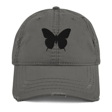Load image into Gallery viewer, Melodia Gallery distressed grey cotton dad hat with black butterfly embroidery. Adjustable strap, summer sun hat.