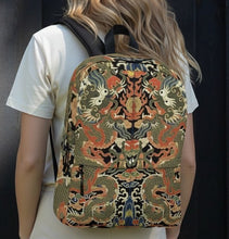 Load image into Gallery viewer, Melodia Gallery backpack with twin dragons and clouds in vermillion, jade, and gold kesi silk tapestry design.