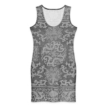 Load image into Gallery viewer, Melodia Gallery Dragon Lotus Cotton Bodycon Dress with a grey and white ornate pattern.