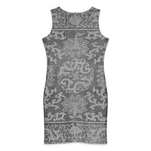 Load image into Gallery viewer, Melodia Gallery Dragon Lotus Cotton Bodycon Dress in grey with a vintage dragon and floral pattern. Sleeveless, crew neck, and knee-length.