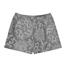 Load image into Gallery viewer, Melodia Gallery grey unisex cotton shorts with dragon and lotus pattern. Relaxed fit, 95% cotton, 5% elastane.