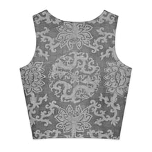 Load image into Gallery viewer, Melodia Gallery Dragon Lotus Cotton Crop Top - grey and white ornate dragon and lotus pattern, sleeveless, crew neck.