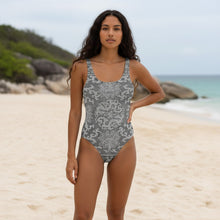 Load image into Gallery viewer, Melodia Gallery Dragon Lotus one-piece swimsuit with scoop neckline and cheeky fit. Grey damask pattern.