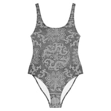 Load image into Gallery viewer, Melodia Gallery Dragon Lotus one-piece swimsuit with a scoop neckline and cheeky fit, grey damask pattern.