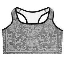 Load image into Gallery viewer, Melodia Gallery Dragon Lotus sports bra with scoop neckline and racerback, made from moisture-wicking fabric.