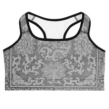 Load image into Gallery viewer, Melodia Gallery Dragon Lotus sports bra with scoop neckline and racerback, made from moisture-wicking recycled polyester and elastane.