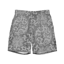 Load image into Gallery viewer, Melodia Gallery Men's Dragon Lotus recycled polyester swim trunks with elastic waistband and inner liner.