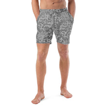 Load image into Gallery viewer, Melodia Gallery Men's Dragon Lotus recycled polyester blend swim trunks with an elastic waistband and mesh pockets.