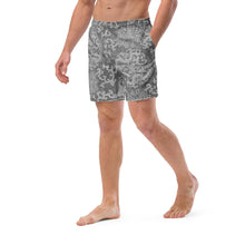 Load image into Gallery viewer, Melodia Gallery Men's grey recycled polyester blend swim trunks with a white dragon lotus pattern, elastic waistband, and pockets.