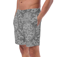 Load image into Gallery viewer, Melodia Gallery men's grey dragon lotus print recycled polyester swim trunks with anti-chafe liner and pockets.