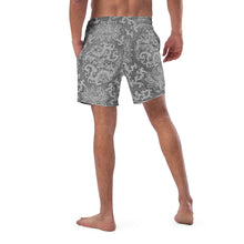 Load image into Gallery viewer, Melodia Gallery Men's Dragon Lotus recycled polyester swim trunks in grey with a white ornate pattern. Features elastic waistband, drawcord, and pockets.