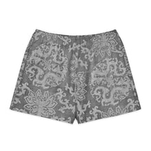 Load image into Gallery viewer, Melodia Gallery grey unisex cotton shorts with a dragon and lotus print. Relaxed fit, elastic waistband.