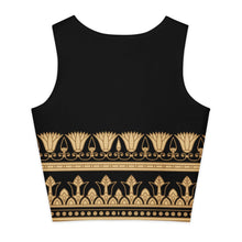 Load image into Gallery viewer, Melodia Gallery black 100% cotton crop top with Egyptian lotus pattern and gold trim. Boho style.