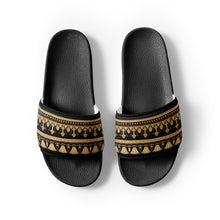 Load image into Gallery viewer, Melodia Gallery Egyptian Lotus women's black slides with gold ornate pattern on strap. Faux leather.