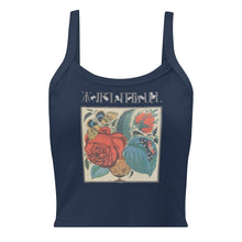 Load image into Gallery viewer, Melodia Gallery navy blue 100% cotton micro-rib tank top with vintage floral and butterfly graphic art.
