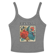 Load image into Gallery viewer, Melodia Gallery grey 100% cotton micro-rib tank top with vintage floral and butterfly graphic print.