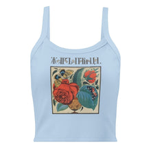 Load image into Gallery viewer, Melodia Gallery light blue 100% cotton micro-rib tank top with vintage floral and butterfly graphic.
