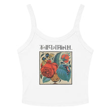 Load image into Gallery viewer, Melodia Gallery white 100% cotton micro-rib tank top with vintage floral and butterfly graphic print.