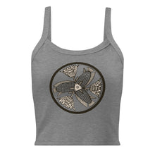 Load image into Gallery viewer, Melodia Gallery grey 100% cotton micro-rib tank top with vintage fish and lotus graphic.