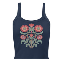Load image into Gallery viewer, Melodia Gallery navy blue 100% cotton micro rib crop tank with vintage floral folk art graphic.