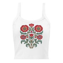 Load image into Gallery viewer, Melodia Gallery white 100% cotton micro rib crop tank with vintage floral folk art graphic