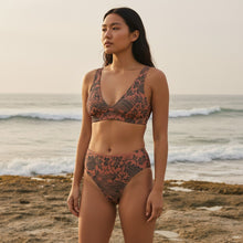 Load image into Gallery viewer, Melodia Gallery terracotta high-waisted bikini set with dark grey floral and phoenix print. Recycled material.