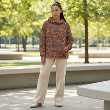 Load image into Gallery viewer, Melodia Gallery unisex cotton hoodie with all-over floral and phoenix print in terracotta and dark grey.