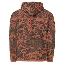 Load image into Gallery viewer, Melodia Gallery unisex cotton hoodie with all-over floral and phoenix print in rust and black. Features a relaxed fit, drop shoulders, and a front pocket.