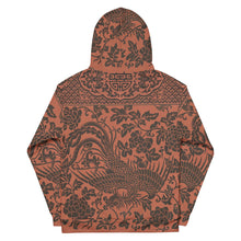 Load image into Gallery viewer, Melodia Gallery unisex cotton hoodie with all-over floral and phoenix print in rust and dark grey. Features a relaxed fit and drop shoulders.