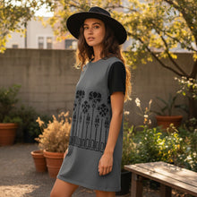 Load image into Gallery viewer, Melodia Gallery grey cotton t-shirt dress with black sleeves and vintage inspired art nouveau iris floral print.