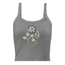 Load image into Gallery viewer, Melodia Gallery grey micro-rib cotton crop tank top with vintage floral print. Boho style.