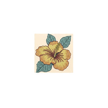 Load image into Gallery viewer, Melodia Gallery yellow hibiscus flower car magnet with green leaves on a cream background.