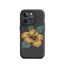 Load image into Gallery viewer, Melodia Gallery iPhone case with yellow hibiscus flower and green leaves, MagSafe compatible, dual-layer protection.