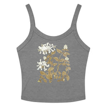 Load image into Gallery viewer, Melodia Gallery grey micro-rib cotton crop tank top with a vintage-inspired honeysuckle floral design.