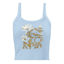 Load image into Gallery viewer, Melodia Gallery light blue 100% cotton micro-rib crop tank top with a vintage-inspired honeysuckle floral design.