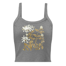 Load image into Gallery viewer, Melodia Gallery grey micro-rib cotton crop tank top with a vintage-inspired honeysuckle floral design.