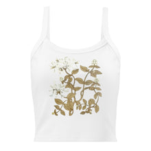 Load image into Gallery viewer, Melodia Gallery white 100% cotton micro-rib crop tank top with a vintage-inspired honeysuckle floral design.