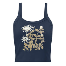 Load image into Gallery viewer, Melodia Gallery navy blue 100% cotton micro-rib crop tank top with a vintage-inspired honeysuckle floral design.
