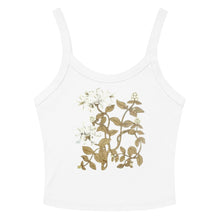 Load image into Gallery viewer, Melodia Gallery white 100% cotton micro-rib crop tank top with a vintage-inspired honeysuckle floral design.