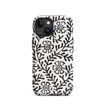 Load image into Gallery viewer, Melodia Gallery Flower & Vine II MagSafe tough case for iPhone with black Art Nouveau floral pattern on white.
