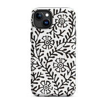 Load image into Gallery viewer, Melodia Gallery Flower & Vine II MagSafe tough case for iPhone. Vintage Art Nouveau inspired black floral and vine pattern on white.
