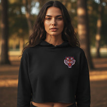 Load image into Gallery viewer, Melodia Gallery black cropped hoodie with Korean tiger Minhwa graphic and raw hem. 52% cotton, 48% poly fleece.