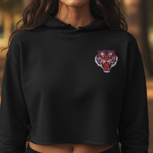 Load image into Gallery viewer, Melodia Gallery black cropped hoodie with Korean tiger Minhwa graphic and raw hem. 52% cotton, 48% poly fleece.