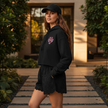 Load image into Gallery viewer, Melodia Gallery black cropped hoodie with Korean tiger Minhwa embroidery and raw hem. 52% cotton, 48% poly fleece.
