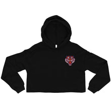Load image into Gallery viewer, Melodia Gallery black cropped hoodie with Korean tiger Minhwa embroidery, raw hem, and drawstrings.