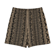 Load image into Gallery viewer, Melodia Gallery black and tan lace-inspired graphic unisex cotton elastane long shorts.