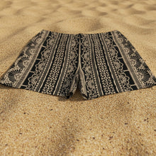 Load image into Gallery viewer, Melodia Gallery black and tan lace-print unisex cotton-elastane shorts with a relaxed fit and four-way stretch.